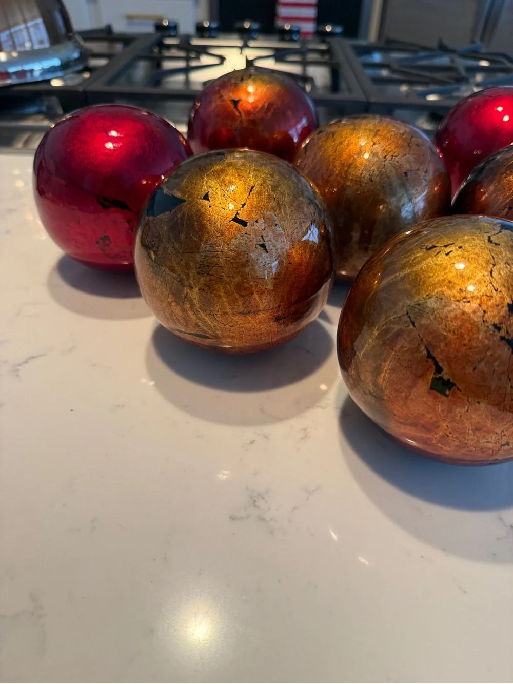 Set of 7 Red Gold Mercury Glass Decorative Orbs Spheres 4” Holiday Decor